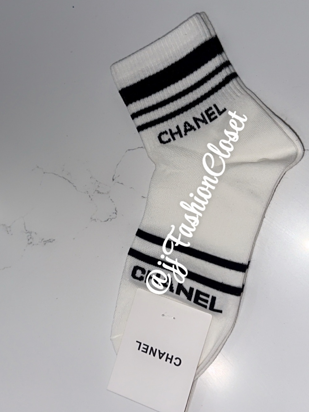 CCute White and Black Striped Logo Crew Socks